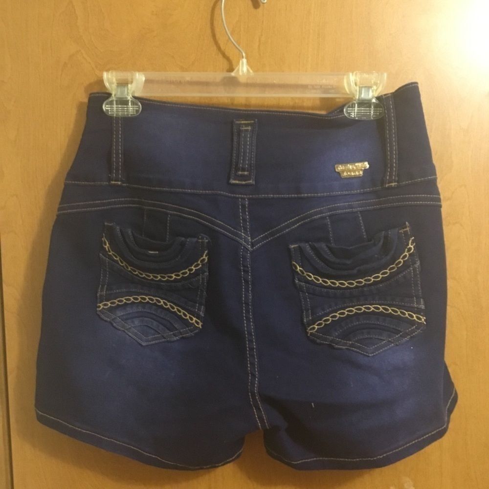 Tush Push Dark Wash  Blue Denim Four Button Butt Lift High Waisted  Shorts 11
